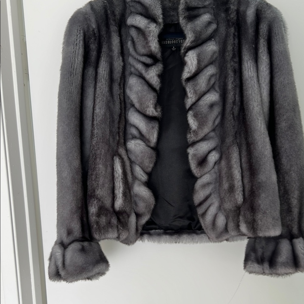 Fabulous Furs Gray Teddy Jacket with Soft Plush Texture and Unique Design